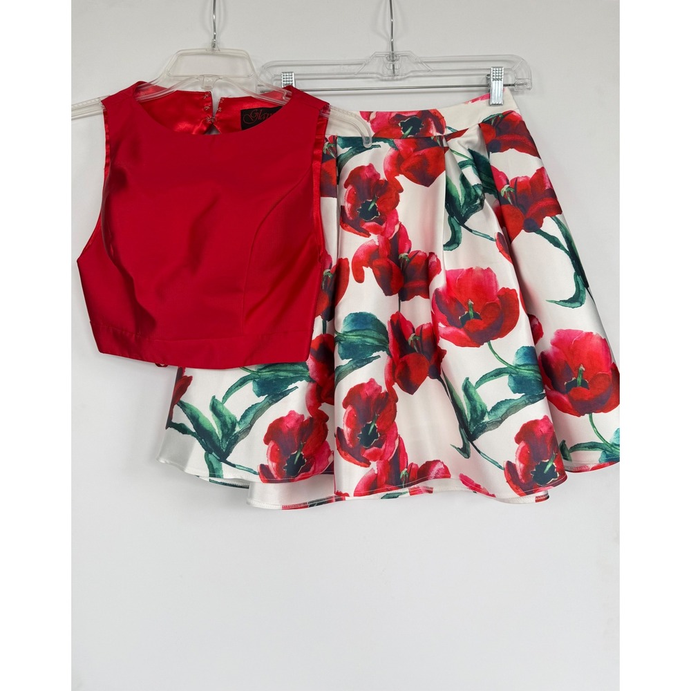 Glamour Terani Couture 2 Piece Set Red Satin Crop Top Floral Tulip Flair Skirt 0